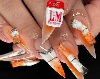 Neutral Luxury Press On Nails | Long Stiletto Off White & Tobacco Nails | Minimal Chic Nail Art | Elegant Press Ons