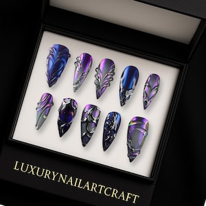 Luxury Nail Gothic Blue Purple Press-On Nails – Handmade 3D Heart & Marble Nail Art, Elegant Reusable Design for Party and Event
