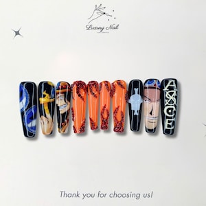 Pirate Boss Nails, Handmade Press-On Nails in Bold Orange and Black with Edgy Nautical Accents, Rhinestones for a Striking and Unique Look