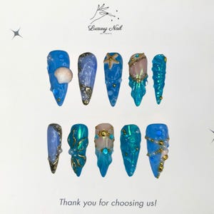 3D Ocean-Inspired Press-On Nails – Handmade Nail Set with Starfish, Shells & Pearls for Summer Festivals or a Refreshing Gift for Her