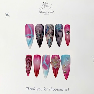 Eternal Love Anime Nails – Handmade Pink Press-On Nails with 3D Flowers & Hearts, Romantic Cosplay Nail Art or Thoughtful Gift for Anime Fan