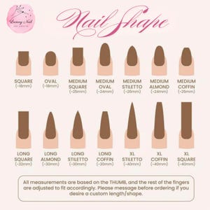 May include: An illustration showcasing various nail shapes, including square, oval, stiletto, and almond, with measurements in millimeters. The image features the text "Nail Shape" and a logo for "Luxury Nail Art Crafts."