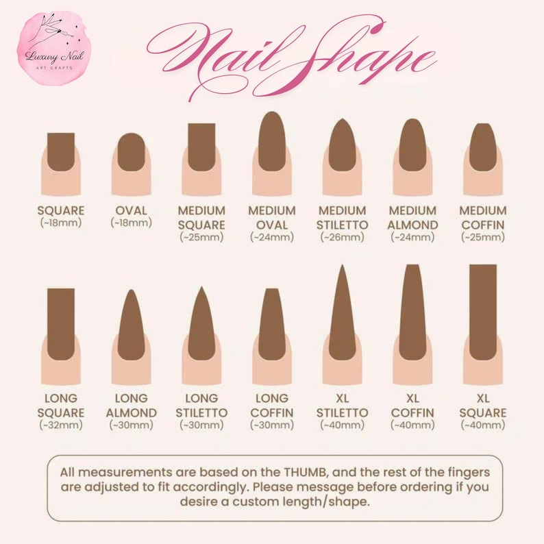 May include: An illustration showcasing various nail shapes, including square, oval, stiletto, and almond, with measurements in millimeters. The image features the text "Nail Shape" and a logo for "Luxury Nail Art Crafts."