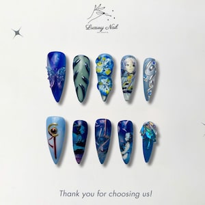 Blazing Force Press-On Nails / Anime-Inspired Design with Character Art, Metallic & Gemstone Accents / Handmade Bold Gel Nails