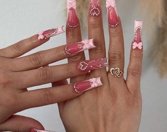 Valentines Pink Bow Press On Nails | Pink, White French Tip Nail Art | Handmade Girly Nail Set |3D Bow Nail | Soft & Elegant Design