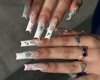 Elegant Orchid Bloom Press On Nails | White French Long Square Fake Nails | 3D Floral Accent| Elegant Pink & White Nail Art | Handmade Nails