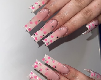 Pink Hearts Valentine Glitter Press On Nails|Valentines Nails|Long Nails|French Tip Nails|Heart Nails|Luxury Nails|Bling Nails|Pink Nails