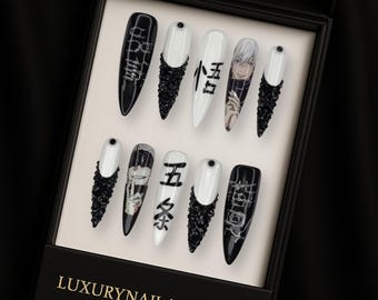 Gojo Satoru Inspired JJK Anime Nails – Handmade Black & White Rhinestone Nail Art, Glossy Acrylic Cosplay Set, Stylish Otaku Manicure Design