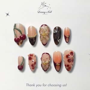 Red Cherry Blossom Nails Cute Red Gold Press On Nails Y2K Star Style Nail Set Summer Handmade Leopard Print Nails Long Almond Nail