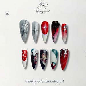 Kokushibou-Inspired Handmade Press-on Nails Moonblade, White & Black Design with Intricate Character, Handmade Anime Gel Nails