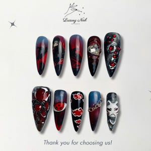 Dark Warrior Press-On Nails / Black & Red Design with 3D Crimson Eye - Mask Accents / Bold Handmade Gel Nails / Gift for Her