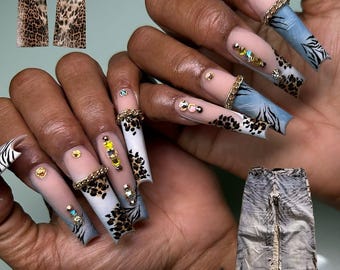 Y2K Baby Blue Leopard Press On Nails: Gold Rhinestone Glam False Nails | Trendy Y2K Nails | Handmade Glam Press Ons | Luxury Y2K Nails