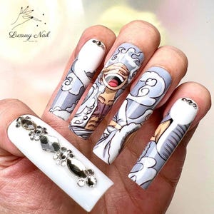 Pirate Sailor Nail Set – Handmade Fake Nails with White Pirate Pattern, Accented with Sparkling Rhinestones for a Pure Look, Gift for Fans