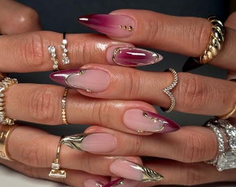 Fairy Red Blush Purple Pink Cat Eye French Tips Press On Nails | Long Almond Ballerina Nails | Valentine Nails | French Tip Ombre Nails