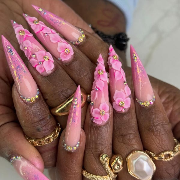Y2K Fairycore 3D Pink Flower Iridescent Long Stiletto Press On Nails | Ombre Rhinestone Bling Fake Nails | Luxury Prom Birthday Nail Art
