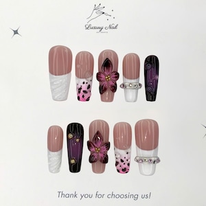 Cute Purple Flower Nails Pink Base – Luxurious Gemstone Nails, with 3d flower art, Dating Style or Perfect Gift for Her