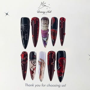 Choso Blood Artistry Nail Set – Handmade Press-On Nails Inspired by Anime Warrior with Red and Black Swirls for a Bold and Unique Look, Gift
