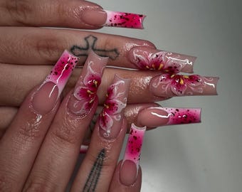 Tropical Flower Press On Nails, Air Brush Pink Floral Nail Art, 3D Floral and Mermaid Nails Press on for Beach, Party, Summer Vibes Nails
