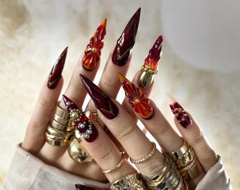 Orange Red Rhinestone Press On Nails, Gold Chrome Nail Art with Crystals, Handmade Elegant Nails for Luxury Party, Classy Nail Set