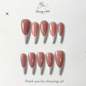 Handmade Fake Nails Pink with White Tips – Simple Exquisite Gel Press On Nails, Romantic Gentle Spring Summer Style, Gift for Her