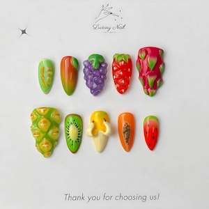 Multi-color fake nails, cute fresh fruit patterned, Fresh Fruit Style for Summer - Suitable for Daily Manicure, Summer Gift or Gift for Her