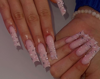 Valentines Baby Pink Press On Nails | Handmade Girly Nail Set | Soft & Elegant Design| Pink Diamond Bling/Handmade Nails | Summer Nails