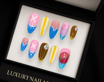 One Pi.ece Pink Anime Press On Nails, Red Hat Cosplay Accents, Handmade 3D Kawaii Y2K Nail Art For Fans In Cute Pastel Style False Nails Set