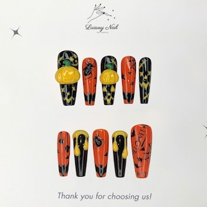 Handmade Halloween Press On Nails with 3D Pumpkin, Spider and Bat Design – Spooky Orange Black Style, Unique Gift Idea for Her on Halloween
