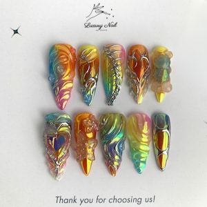 Unghie finte a pressione Mix - Match Heart Aesthetics, unghie finte stiletto Y2K con mix di colori, unghie finte Rainbow Spring, unghie lunghe a mandorla