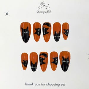 Black Cat Halloween Nails – Handmade Cute Orange Black Press-On Nails with Spooky Cat Art, Fun Gift for Her or Creepy Cute Style
