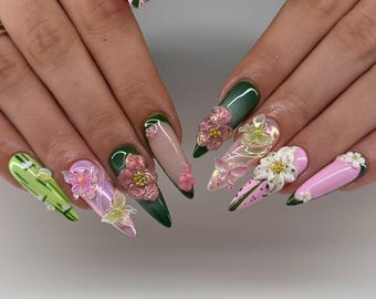 Uñas postizas Spring Blossom / Uñas stiletto 3D hechas a mano en verde y rosa / Juego de uñas acrílicas brillantes reutilizables / Uñas para eventos al aire libre