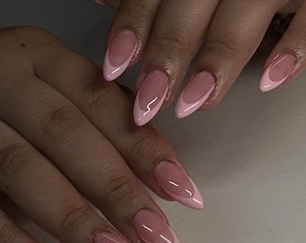 Baby Pink French Tip Press On Nails | Pink Base Short Almond Nails | Elegant Daily Wear Set | Acrylic Press On Nails | Reusable Nails
