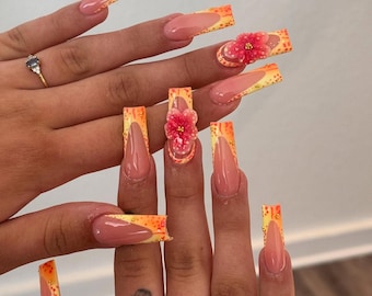 Orange Floral Press On Nails | Tropical Orange Nails with 3D Flowers Nail Art | 3D Floral Art Fake Nails | Summer Flower Nails