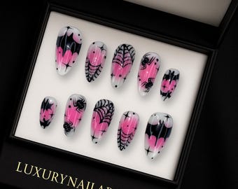 Spider Bat Press-On Nails – Pink 3D Gothic Nail Art, Handmade Cute Y2K False Nails, Spooky Halloween Style for Party Costumes
