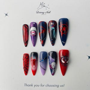 Hero Inspired Neon Swing Press-On Nails, Web-Inspired Red & Blue Design with Comic Style Accents, Handmade Superhero Gel Nails, Gift for Her