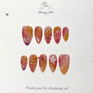 Spring Bloom Butterfly Press-On Nails – Handmade Pink Nails with 3D Butterfly & Pearl Accents, Elegant Gift for Her or Romantic Date Style