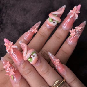 Snake and Cherry Blossom Handmade Press On Nails, Reusable Elegant Nail Art Gift for Women, Unique Symbolic Design for Gift Giving image 4