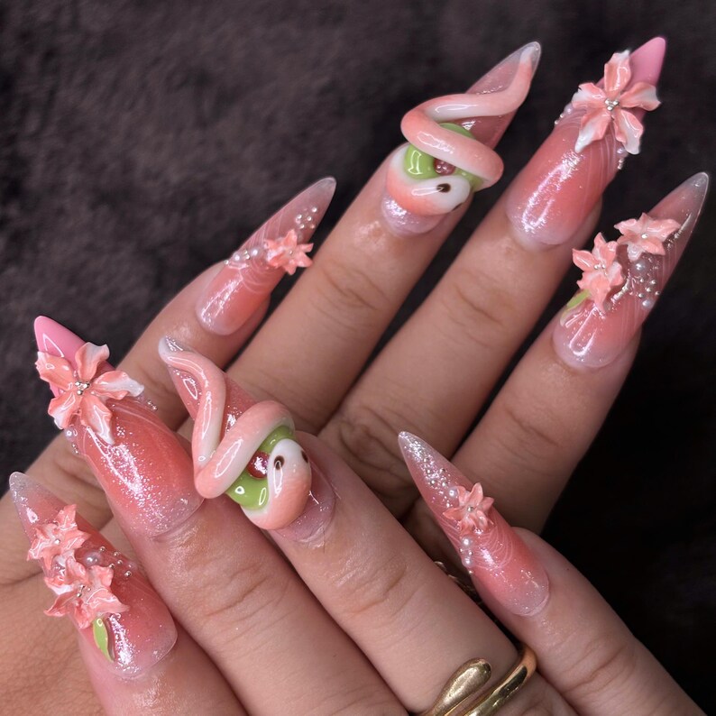 Snake and Cherry Blossom Handmade Press On Nails, Reusable Elegant Nail Art Gift for Women, Unique Symbolic Design for Gift Giving image 4