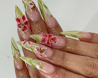 Uñas postizas con diseño floral verde 3D / Uñas postizas botánicas de lujo / Arte de uñas hecho a mano inspirado en la naturaleza / Uñas estilo jardín / Regalo de aniversario