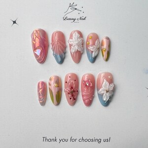 Pink Spring Nails, 3D Handmade Nails White and Pink Flower Design, Cute Pink Nails, Gift for Her, Casual Style Combination