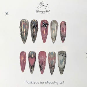 Y2K Heart & Butterfly Press-On Nails – Handmade Pink Silver Chrome Nails with Embossed Hearts, Cute Festival Look, Perfect Gift for Her