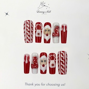 Cute Red Christmas Press-On Nails – Handmade Nails with Santa, Reindeer & Gift Bag Accents, Festive Holiday Style, Christmas Gift for Her