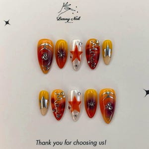 Custom Lettered Y2K Press-On Nails | Red Star Design, Luxury Rhinestone Nail Art, Unique Gift for Her, Birthday or Holiday Nail Set
