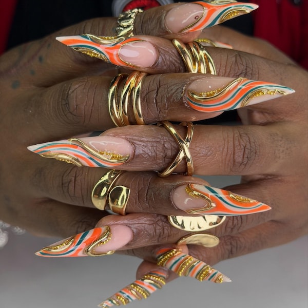 Retro 70s swirl 3D Gold Chrome Retro Swirl Press On Nails | Orange Teal XL Stiletto Fake Nails | Summer Festival Party Vacation Nail Art