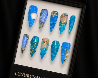 3D Ocean Press On Nails, Starfish Shell Pearl Design, Handmade Summer Beach Mermaid Nail Art, False Nails, Coquette Acrylic Vacation Set