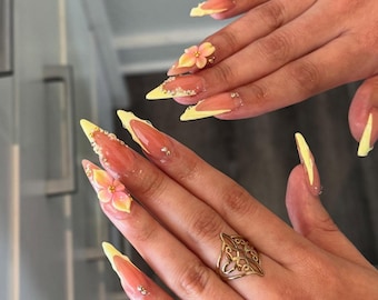 Yellow Bloom Stiletto Press On Nails, 3D Floral Design, Starfish Bloom Press On Nails, Long Almond Style