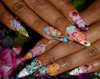 3D Floral Press On Nails | Hand-Painted Ladybug & Flower Nail Art | Spring Summer Fake Nails | Cute Nature Nails | Garden Nails