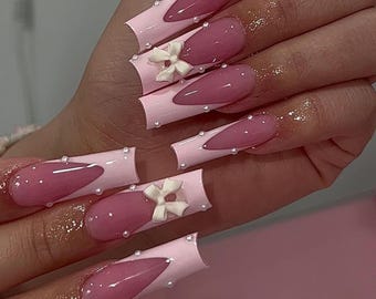 Pink Polka Dot Press On Nails | Long Square Kawaii Bow Pearl Nails | Pink French Tip Cute Spring Set | Valentines Press On Nails