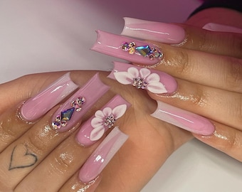 Milky Pink Bling Press On Nails| White Nails| 3D Floral Long Nails| Pink Nails | Rhinestone Nails | Luxury Nails | Bling Nails | Square Nail