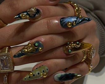 Gothic Blau Grün Herbst Press On Nails lange Stiletto Nägel/Gothic Nägel/3D Chrom Nägel/Metallic Silber Nagel/Stern Nägel/Y2k Nägel/Gyaru Nägel